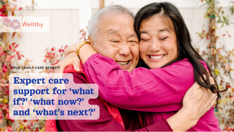 Man and woman hugging, Caption Expect care support for 'what if?' 'what now? and 'what's next?'